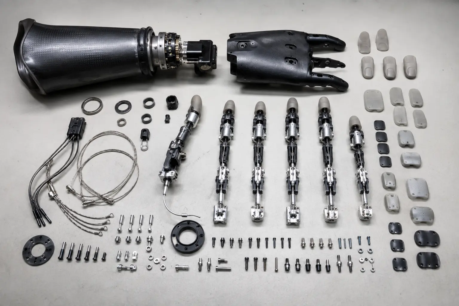 An unbranded prosthetic hand shown as carefully arranged components on a dark engineering surface