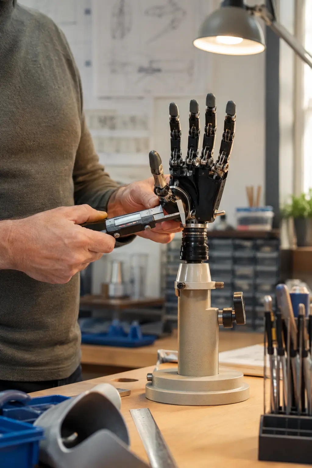 A technician's hands carefully adjusting an unbranded prosthetic hand at a clean workshop bench