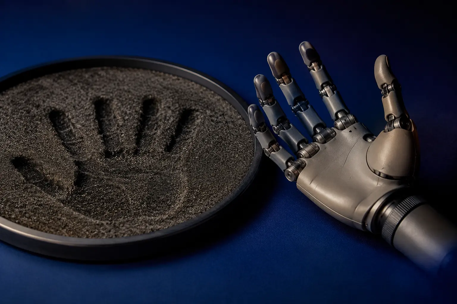 An unbranded prosthetic hand beside a hand-shaped impression in fine sand under soft studio light